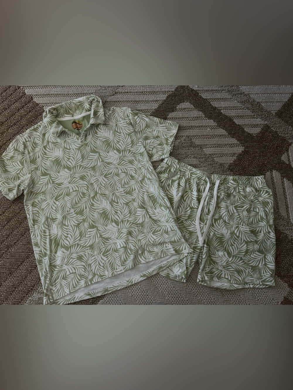 C&C California Olive Green and White Leaf Print Loungewear Set with Retro Logo